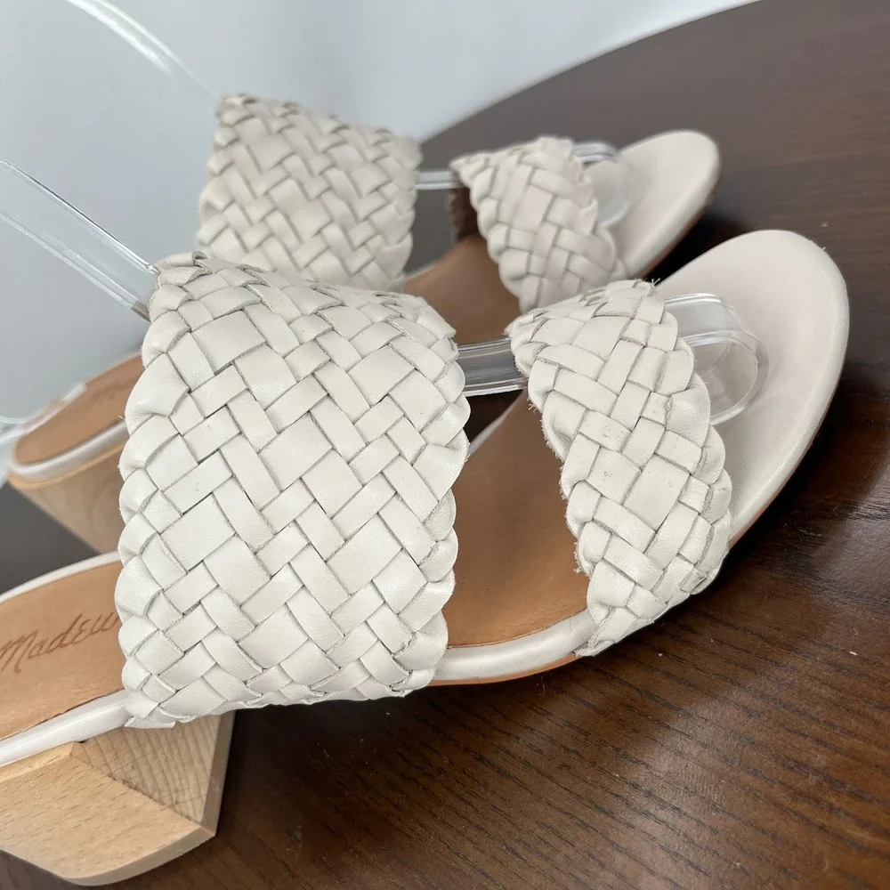 Madewell Kiera Sandals Women 6.5 Pale Oyster Woven Leather Block Heel Mule AM223 - Picture 14 of 16